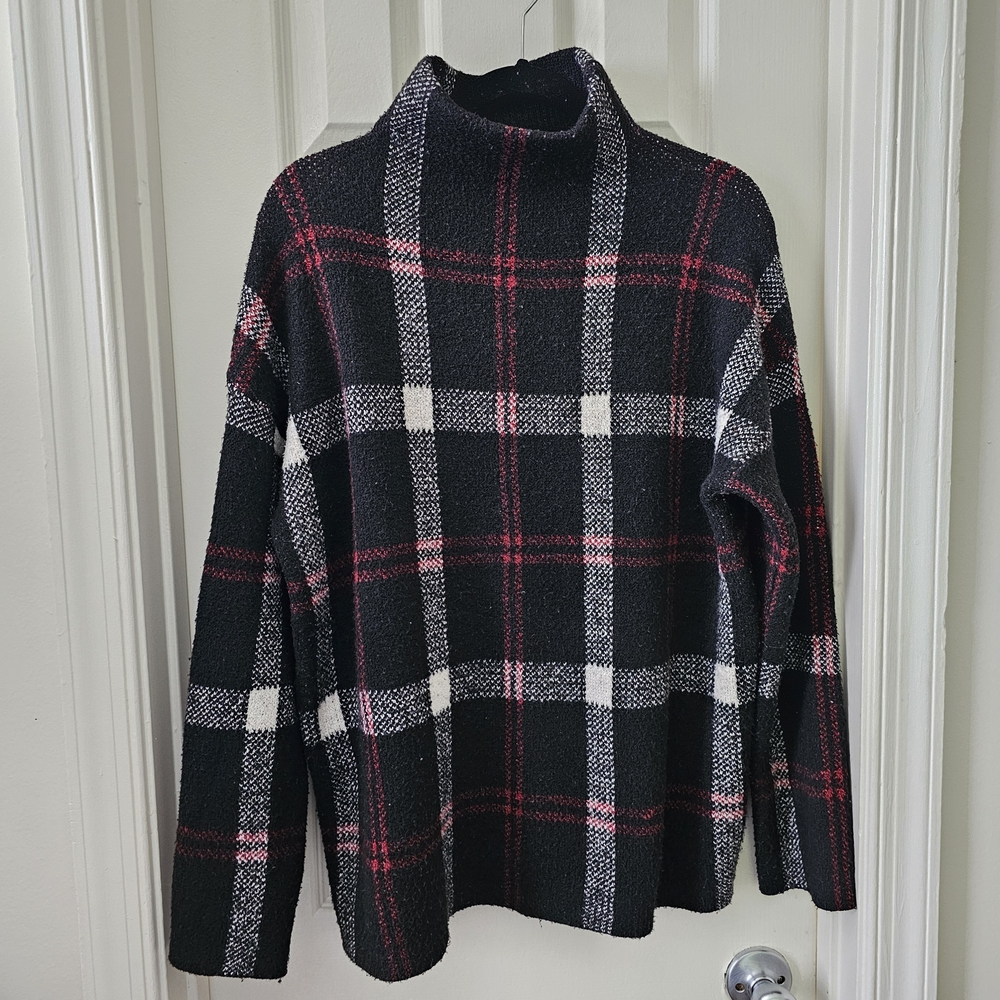 Christian Sirano Sweater Womens Large Plaid Red Black White Winter Turtleneck